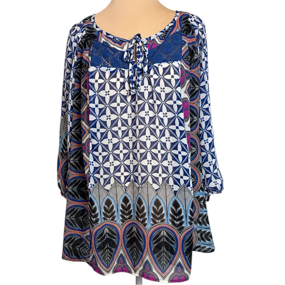 Figueroa & Flower Anthropologie Blue Boho Floral Patterned Lace Blouse Size XL
